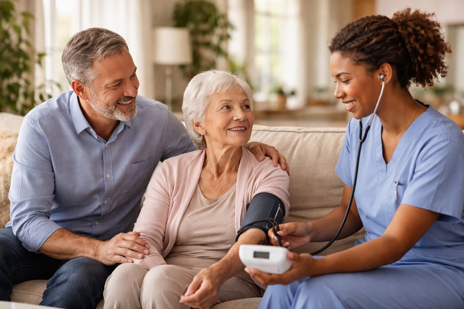 A nurse taking a senior woman's blood pressure at home while a family member looks on warmly